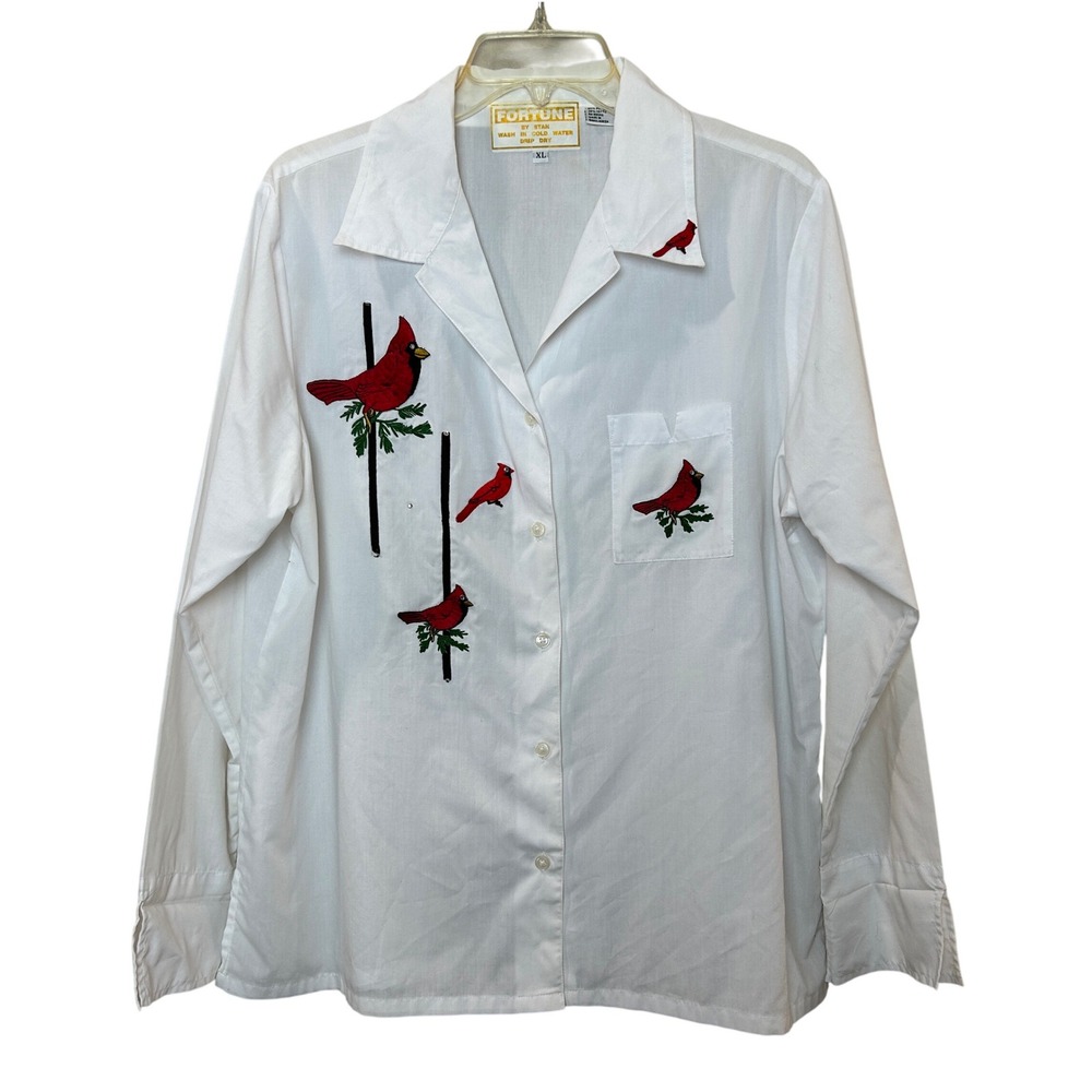 Vintage Cardinal Embroidered Button Down Shirt Womens XL White Bird Nature Cute